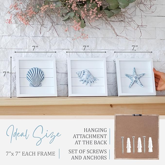 TideAndTales Blue Seashells and Starfish (Framed Set of 3) Coastal 3D Wall Art, Beach Wall Decor for Bathroom or Coastal Bedroom, Ocean Inspired Seaside Decorations for Home or Beach House (7"x7")