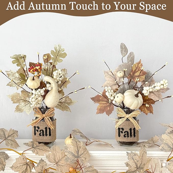 2 Pack 13.5 Inch Fall Decorations for Home Fall Table Centerpieces with 20 LED Lights Timer, Mason Jar with Maple Leafed Pumpkins Berried Thanksgiving Fall Home Decor for Table Coffee Table Bathroom
