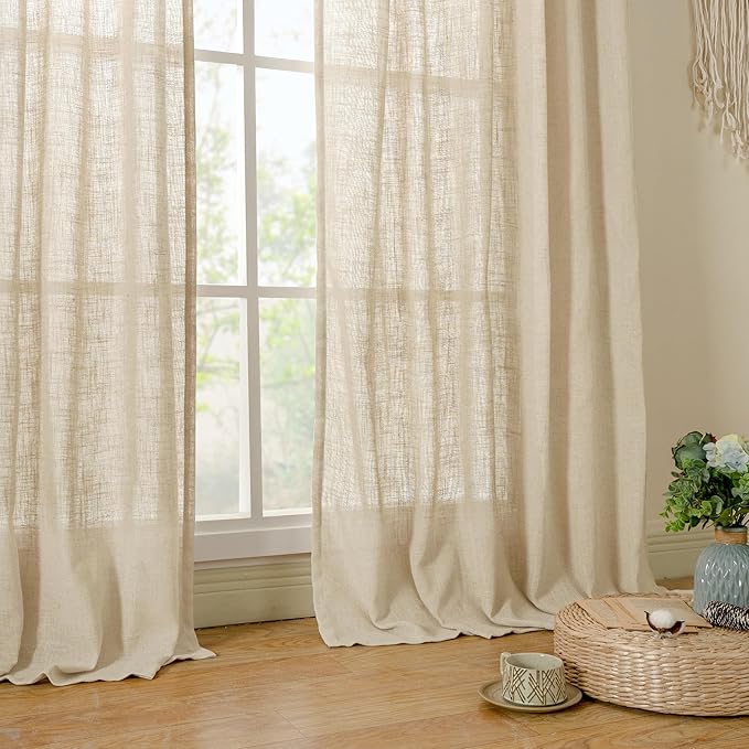 LAMIT Light Filtering Linen Curtains 80 inches Long for Bedroom, Faux Linen Textured Semi Sheer Back Tab and Rod Pocket Burlap Boho Modern Drapes for Living Room/Farmhouse, 2 Panels, 52 x 80 Inch