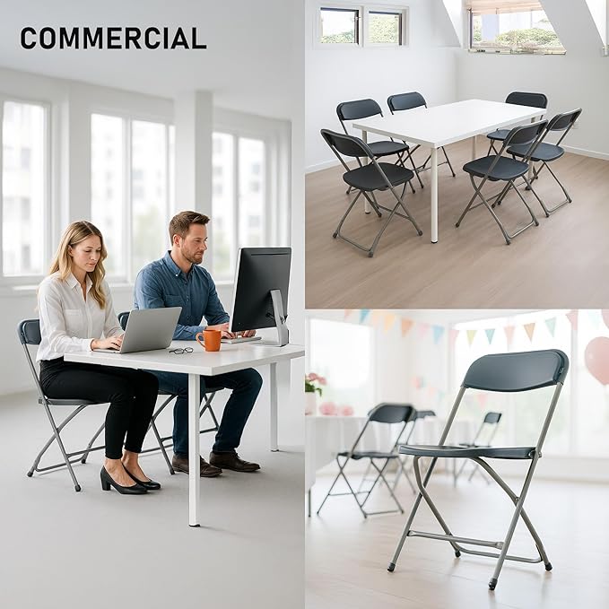 SEALAMB 6 Pack Gray Plastic Folding Chairs for Indoor Outdoor, Portable Commercial Seat with Steel Frame for Home Office Wedding Party Events, 350lb Capacity (Gray-Plastic, 6 Pack)