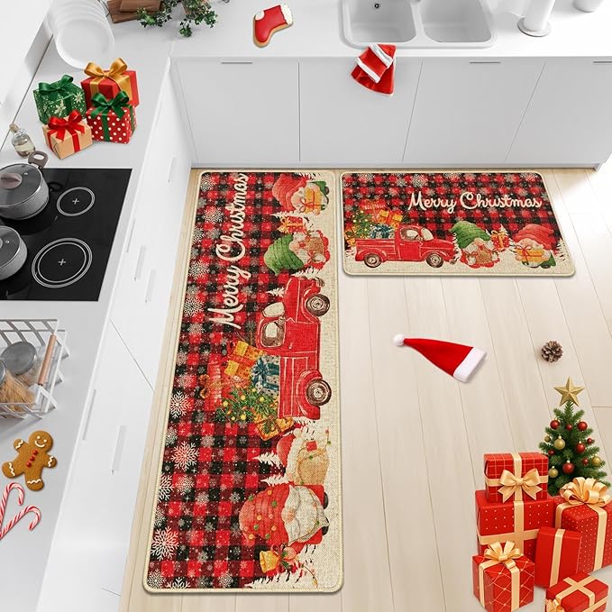 Christmas Trucks Red Buffalo Plaid Kitchen Rugs and Mats Non Skid Washable Set of 2, Gnome Xmas Kitchen Mats for Floor Decor