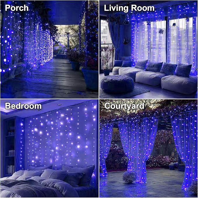 HXWEIYE 300LED Fairy Curtain Lights, 9.8x9.8Ft Blue USB Plug in 8 Modes Timer Christmas String Hanging Lights with Remote for Bedroom Backdrop Wedding Party Home Wall Garden Outdoor Indoor Decor