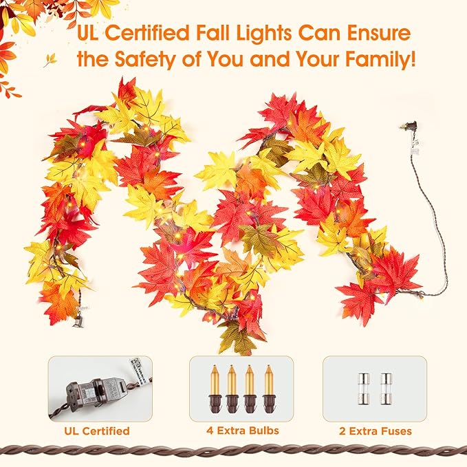 Fall Decorations for Home Large Maple Leaves 2 Pack 9FT Plug in Fall Lights with 50 Orange Bulb UL Certified Connectable Fall Decor Garland for Indoor Outdoor Aumtum Halloween Thanksgiving Decoration