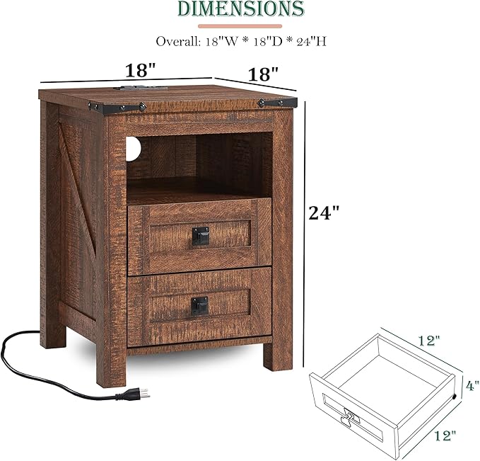 RedLemon Farmhouse Nightstand with Charging Station, Rustic 18 Inch End Table with 2 Storage Drawers and Open Shelf, Wood Sofa Side Table for Bedroom, Living Room (Reclaimed Barnwood)