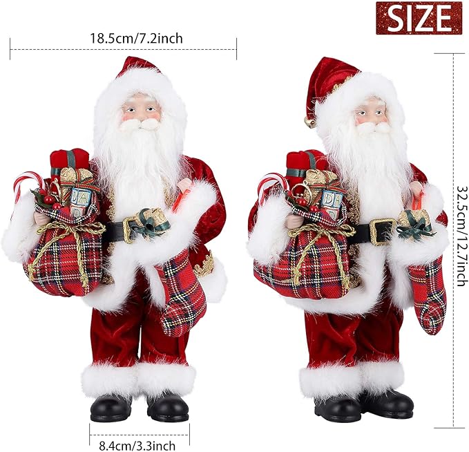 Uten 12" Santa Claus Decorations, Christmas Standing Figurine Ornaments with Gifts Bag and Socks for New Year Christmas Decoration Navidad Natal Gifts.