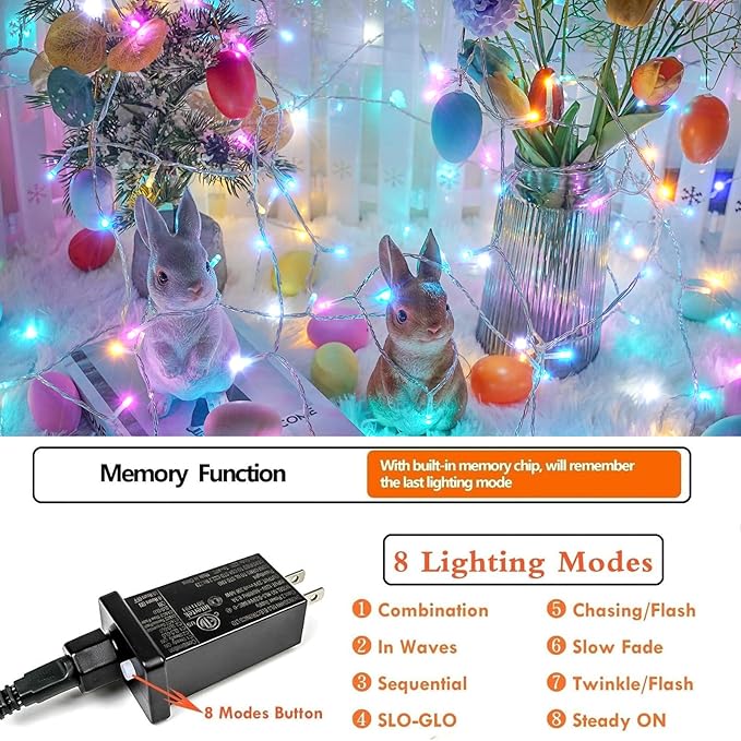 Connectable 200 LED 66FT Easter String Lights Outdoor Indoor, 66FT Easter Pastel Lights Multicolor Decorations Lights, Waterproof 8 Modes Plug in Twinkle Fairy Lights for Christmas Bedroom Decor
