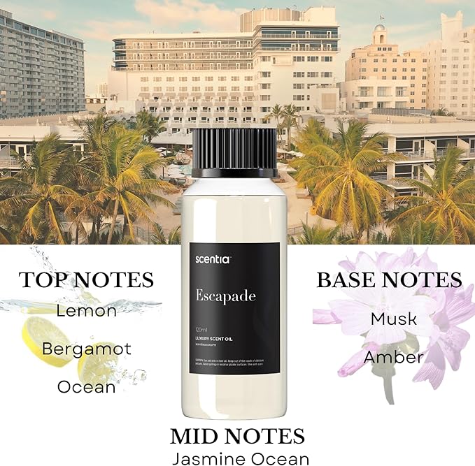 Scentia Hotel Diffuser Oil Inspired by 5-Star Hotel Scent - 120 mL 4.06 fl oz - Essential Oil Blend Botanical Jasmine, Bergamot & Fresh Marine Notes for Aromatherapy Diffusers - Escapade
