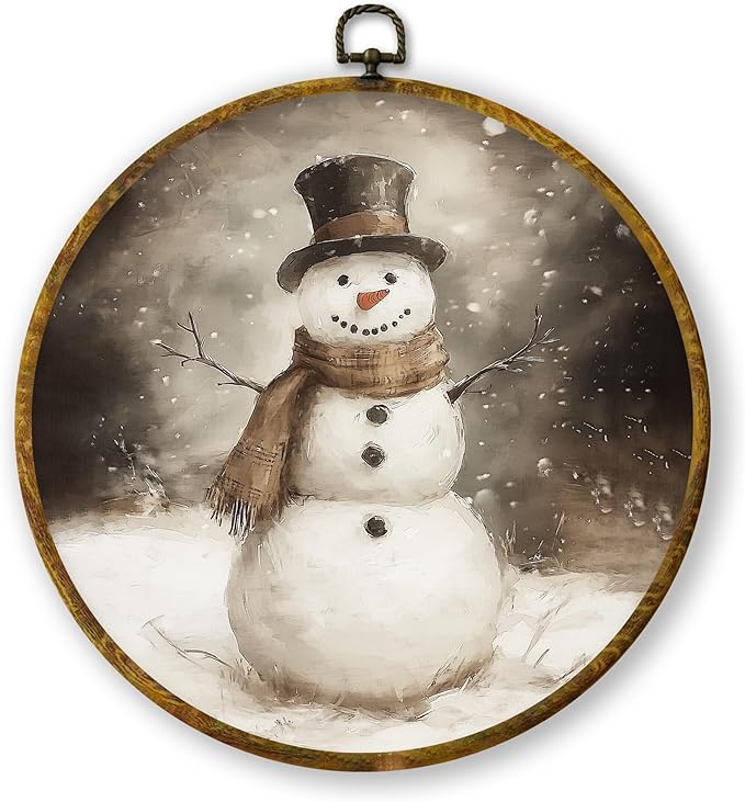 QZQE Vintage Winter Snowman Round Wall Art Decor Framed, Rustic Farmhouse Cottage Christmas Canvas Prints, Retro Xmas Cozy Winter Holiday Wall Hanging Decor for Home Bedroom Living Room, 10x10 Inch