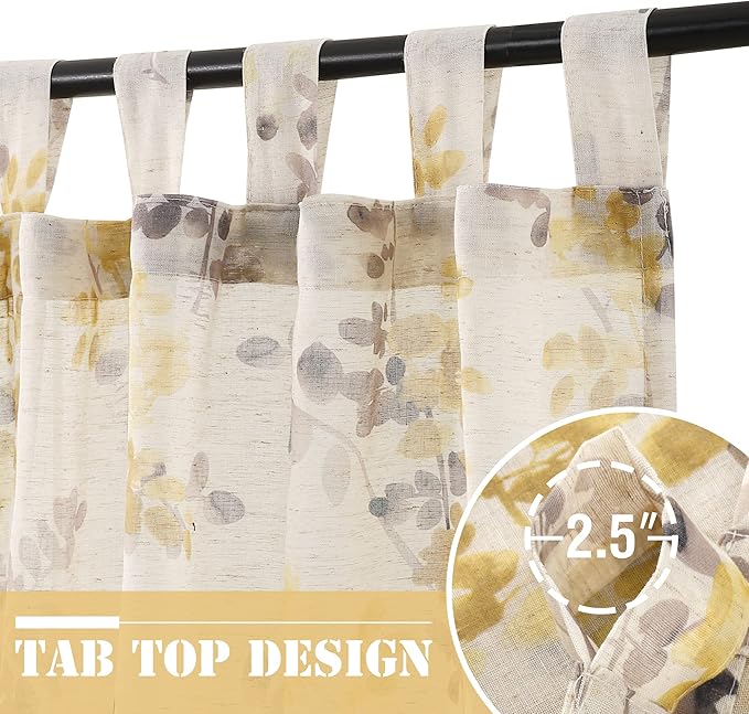 H.VERSAILTEX Linen Sheer Curtains for Living Room Sheer Panels 63 Inches Long Light Filtering Tab Top Window Treatment Drapes for Bedroom, 2 Panels, Vintage Classical Floral Print Yellow and Taupe