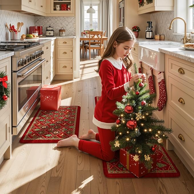 Collive Christmas Tree Kitchen Floor Mats, Cushioned Anti Fatigue Kitchen Rugs 2 Piece Morocco Xmas Elk Sink Mat Waterproof, Non Slip Comfort Standing Rug for Home Decorations 17"x30"+17"x47"