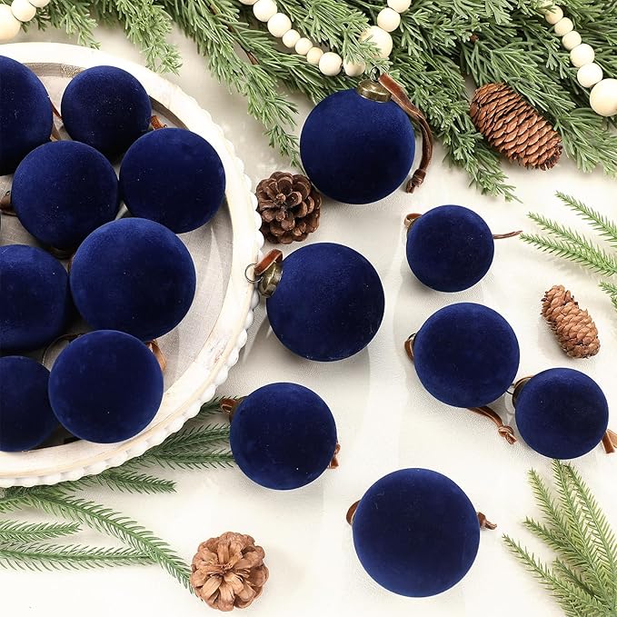 36 Pcs Velvet Christmas Balls Bulk - Flocked Christmas Tree Ball Ornaments Hanging Decoration for Xmas Tree, Wreath, Home or Party Decorations, 2.36", 2.76", 3.15"(Navy Blue)