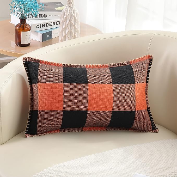 decorUhome Farmhouse Gingham Buffalo Plaid Check Throw Pillow Covers 12x20 Set of 2, Outdoor Fall Lumbar Linen Decorative Pillow Covers with Stitched Edge for Bed Couch Sofa, Orange and Black
