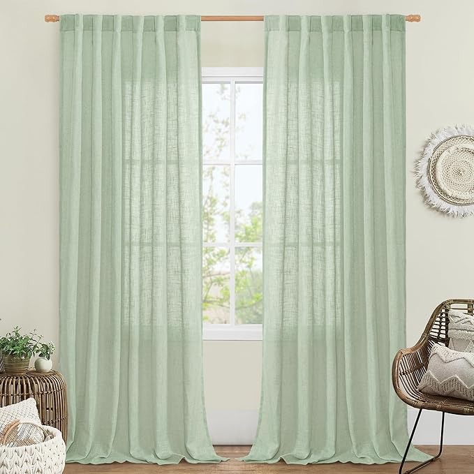 LAMIT Linen Curtains 90 Inch for Living Room, Back Tab and Rod Pocket Linen Textured Farmhouse Curtains Light Filtering Drapes for Bedroom/Dining Room, Fresh Green, Set of 2, 52 x 90 Inch