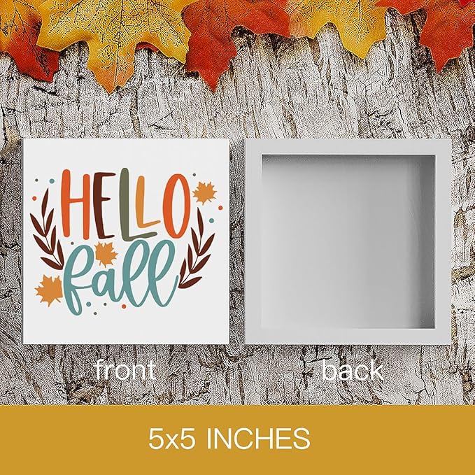 Fall Wooden Box Sign, 5.1 X 5.1 Inch Autumn Maple Wood Sign for Tiered Tray Decor, Home Living Room Harvest Day Thanksgiving Tabletop Decor - Hello Fall