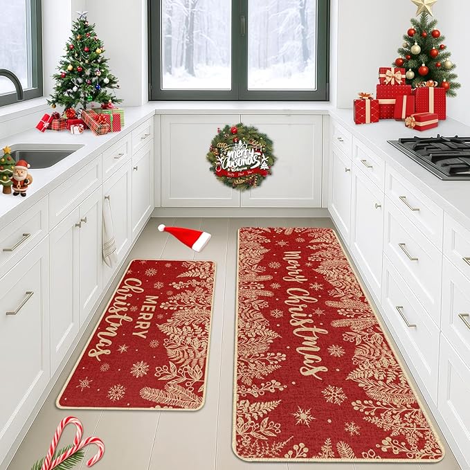 Christmas Red Holly Pine Kitchen Rugs and Mats Non Skid Washable Set of 2, Branches Leaves Xmas Kitchen Mats for Floor Decor