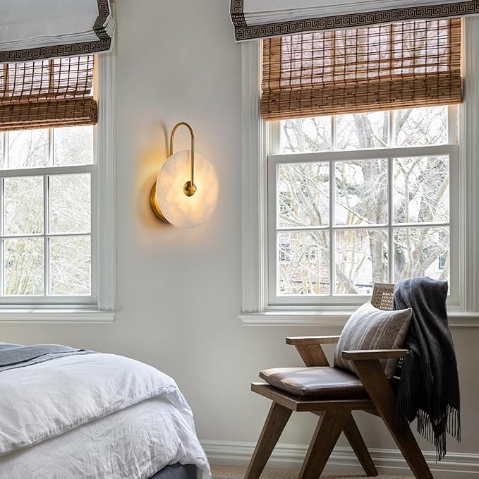 Round Alabaster Wall Sconce Set of Two, Natural Marble Lampshade Wall Sconce, Hardwired Circular Sconce LED Modern Wall Lamp for Bedroom, Stairs, Living Room, Bedside, Hallway