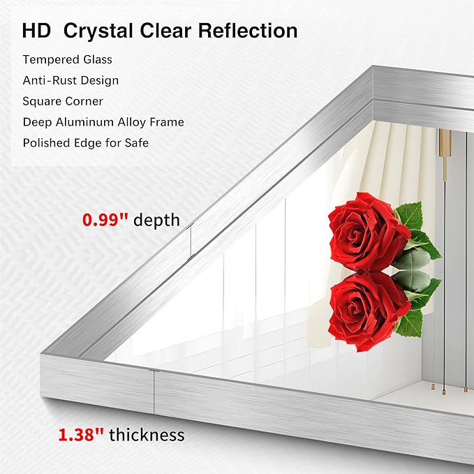 Silver Bathroom Mirror, 72x36 Inch Rectangular Framed Mirror, Large Wall Mounted Bathroom Vanity Mirror Over Sink for Bedroom,Restroom, Living Room, Hangs Vertically or Horizontally