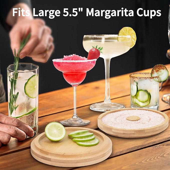 3-Tier Bamboo Margarita Salt Rimmer Set with Garnish Tray - Bartender Tool for Salt, Sugar & Lime - Fits Glasses up to 5.5" for Bars, Home, Parties