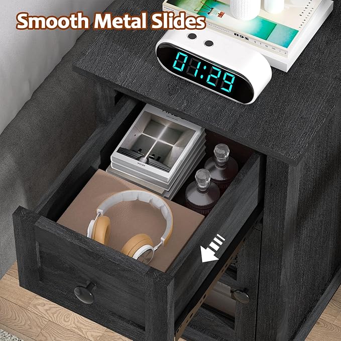 HIFYOBRO Narrow End Table with Flip Top Charging Station Set of 2, Storage Side Table with Drawer and Cabinet, Type-C & USB Port & Power outlets, Wooden Storage Cabinet for Bedroom/Living Room
