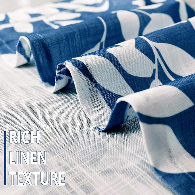 Navy and White Curtains for Bedroom 54" Length Leaf Print Curtains for Windows Semi-Sheers, Royal Blue Grommet Top, 2 Pack