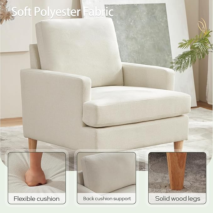 VKNOW Mid-Century Accent Chair, Modern Upholstered Chenille Armchair for Living Room,Comfy Reading Accent Chairs with Wood Legs for Bedroom, Beige Polyester