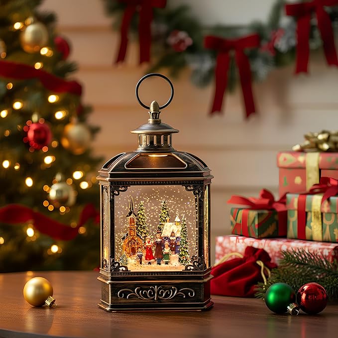 Musical Snow Globe Lantern Lighted Church Carolers Christmas Village Snow Water Lantern Swirling Glittering Home Decoration and Gift, Battery Operated or USB Powered