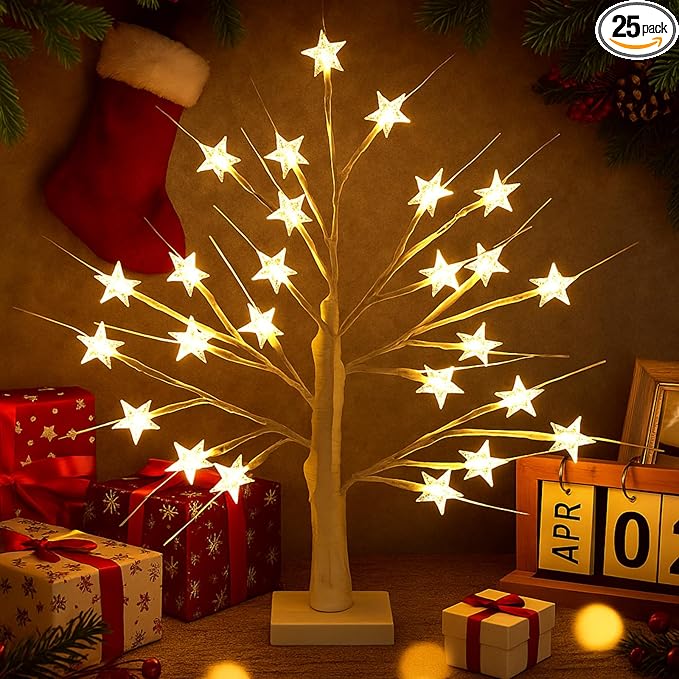 Retisee Star Tree LED Light with 24 Warm White LED Timer USB Battery Operated Christmas Star Lights Indoor Outdoor for Home Table Party Decor