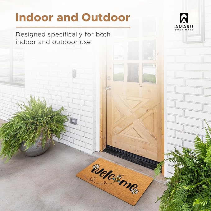 Bee - 17"x29" - Coir Door Mat with Heavy Duty Backing - Welcome Mats for Entryway, Porch - Anti-Slip PVC & Coconut Fiber Surface - Natural Home Accessories, Minimalist Original Design