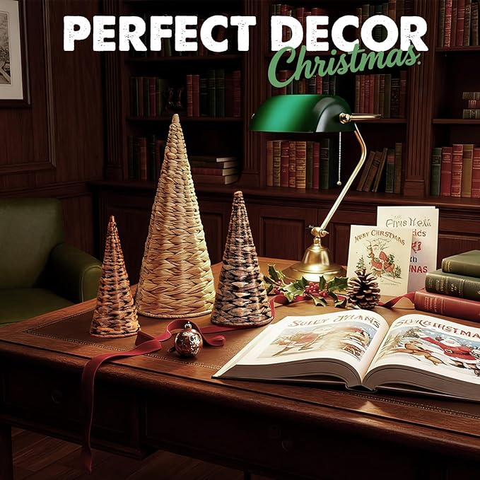 3pcs Woven Water Hyacinth Christmas Trees Decor, Artificial Christmas Tree Decorations for Home Party Table Village Craft Indoor Outdoor Vintage Christmas Decor(Natural+Black+Brown)