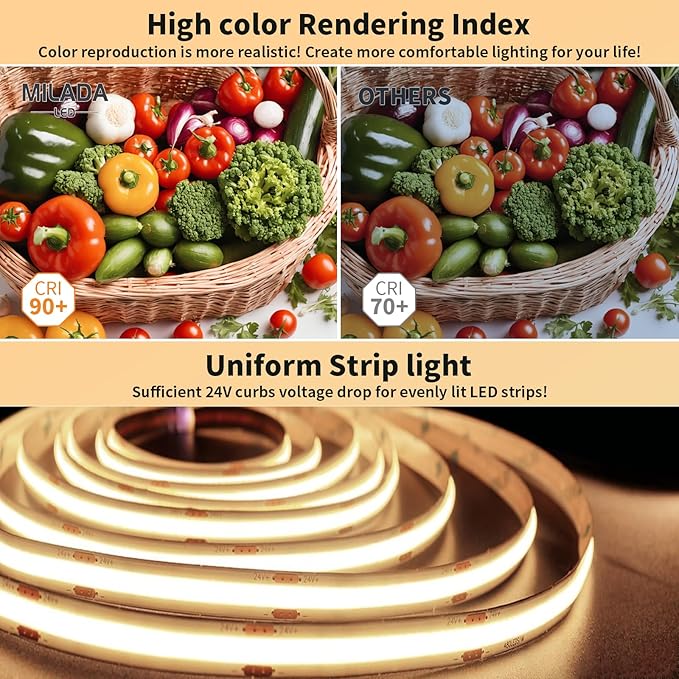 COB LED Strip Light 3000K 40FT/12M Warm White High Lumen Dimmable Strip Paired with RF Remote 24V UL Certified Adapter Suitable for Bedroom Cabinets