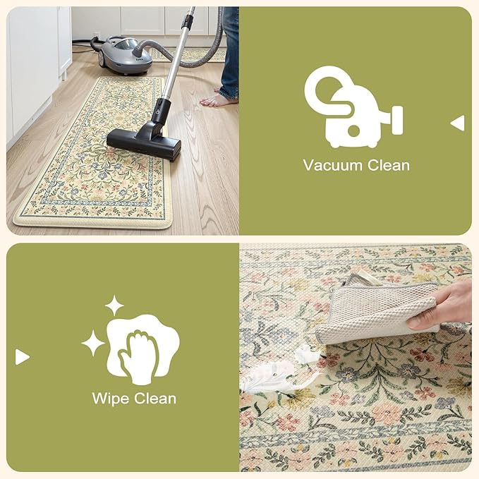 Collive Anti Fatigue Mat for Kitchen Floor, Spring Floral Kitchen Mats for Floor Set of 2, Beige Cushioned Waterproof Sink Rugs Non Slip Comfort Standing Rug for Office, Laundry, Desk