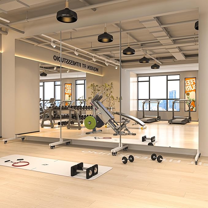 Hasipu Home Gym Mirror 360° Swivel on Wheels, 67" x 40" Extra Large Full Body Rolling Mirror, Tempered Glass Easy to Move Full Length Mirror for Yoga Studio, Bedroom, Dancing Studio, White
