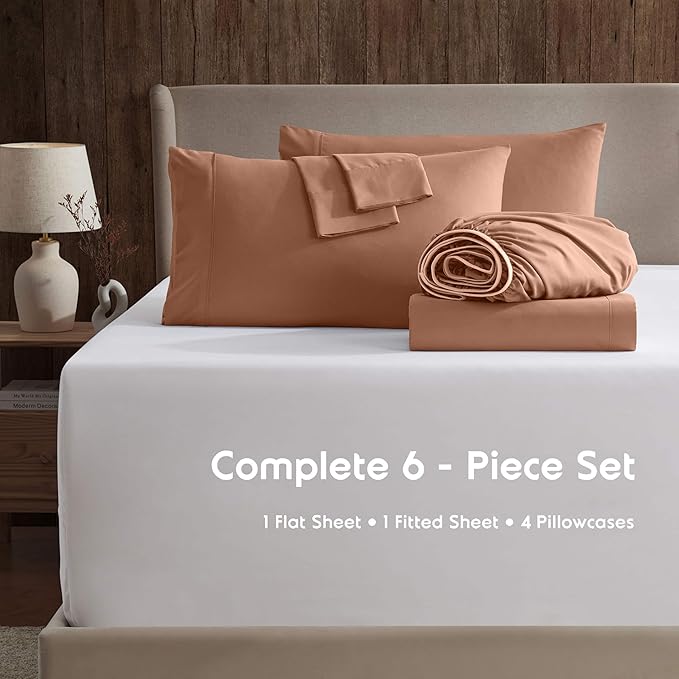 Nestl Extra Deep Cal King Sheet Set - 6 Piece Breathable & Cooling Sheets - Hotel Luxury Bedding Set w/18-24 Inch Deep Pockets - Easy & Secure Fit - Super Soft, Wrinkle Free & Comfy - Rust