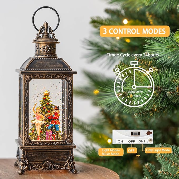 Christmas Snow Globe Nutcracker Lantern, Musical Lighted Nutcracker & Ballerina Water Lantern Swirling Glittering Home Decoration and Gift, Battery Operated or USB Powered
