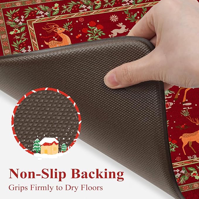 Christmas Kitchen Mats Anti Fatigue - Reindeer Sleigh Farmhouse Cushioned Kitchen Floor Mat, Non Slip Kitchen Rugs Sets of 2, Christmas Decorations Sink Mats for Home Holiday Decor(Red)