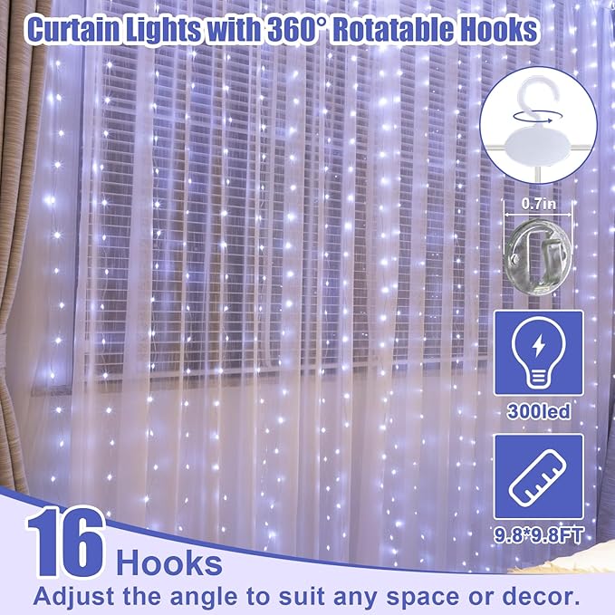 Upgrade 300LED White Curtain Light with Untangled Wires, 9.8ft x 9.8ft Copper Wire String Lights, USB Plug Hanging Window Fairy Lights, 8 Modes & Remote for Home Christmas Wedding Party