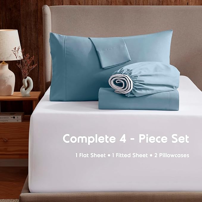 Nestl Extra Deep Twin XL Sheet Set - 4 Piece Breathable & Cooling Sheets - Hotel Luxury Bedding Set w/18-24 Inch Deep Pockets - Easy & Secure Fit - Super Soft, Wrinkle Free & Comfy - Stone Blue