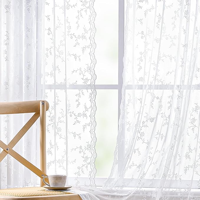 Sheer Lace Curtains 96 Inches Long, Vintage Floral Light Filtering White Lace Curtains for Living Room & Bedroom, Rod Pocket, 2 Panels Set, Branch Pattern (White, 52" W x 96" L)