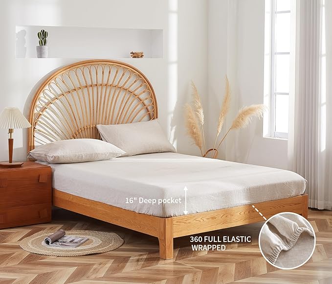 100% French Flax Linen Sheet Set, Bed Sheets Breathable and Durable, 4 Pcs Set - 1 Flat Sheet, 1 Fitted Sheet, 2 Pillowcases, 16 Inch Deep Pocket, All Season (Natural Linen, Queen)