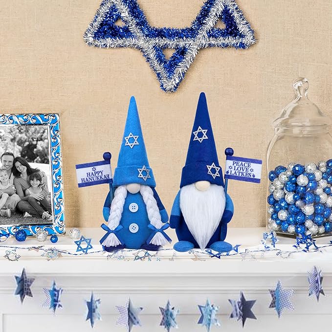 Hanukkah Gnome Decorations, 2 PCS Handmade Mr & Mrs Chanukah Swedish Tomte Gnomes Plush Table Ornaments Gift for Hanukkah Decorations Party Supplies