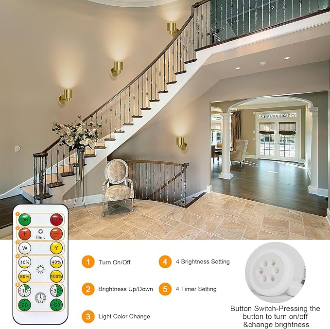 Tipace Gold LED Wall Mounted Lights 2 Pcs with Remote,Wall Sconces Lamp Battery Operated,3 Color Temperatures & Dimmable 360° Rotation Cordless Light for Bedroom Bedside Farmhouse Gallery