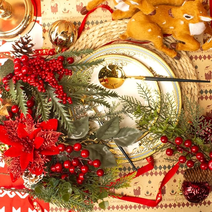 8Pack Artificial Christmas Picks - Assorted Red Berry Picks Stems & Faux Pine Picks Spray with Pinecones, Apples & Holly Leaves for Stunning Holiday Décor & Wreath Creations!