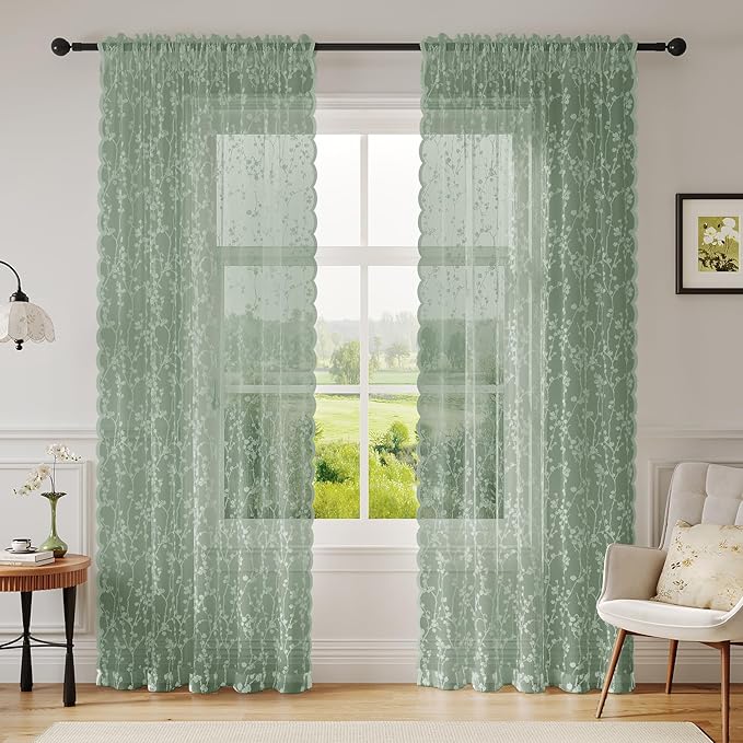 Sage Green Lace Semi-Sheer Curtains 2 Panels – Vintage Branch Pattern for Bedroom/Kitchen, Rustic Privacy Light Filtering Rod Pocket Drapes, Elegant Chic Window Treatments, 52W x 45L Inch
