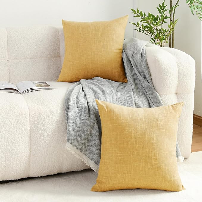 JIUZHEN 18x18 Inch Mustard Yellow Faux Linen Pillow Covers Set of 2, Vintage Rustic Throw Pillow Covers for Couch Chair, Fade-Resistant Fabric