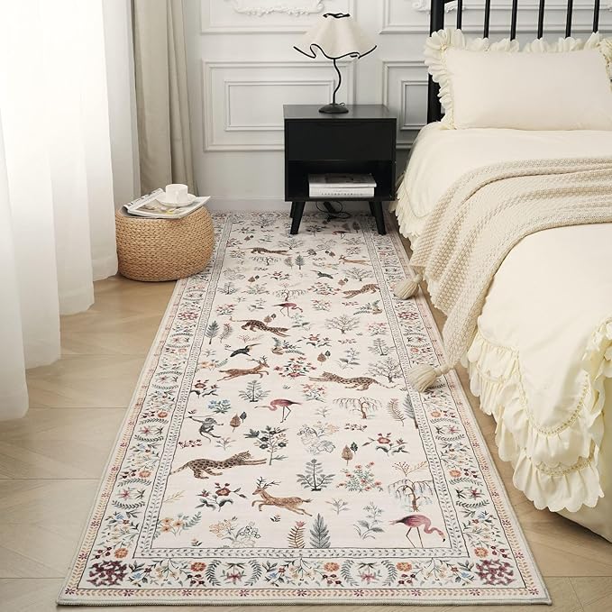 Rugcomf Runner Rug for Kitchen Non Slip 2'6''x8' Washable Rugs with Rubber Backing Soft Floral Animal Carpet Runner for Kitchen, Laundry, Bedroom, Bathroom (Beige)