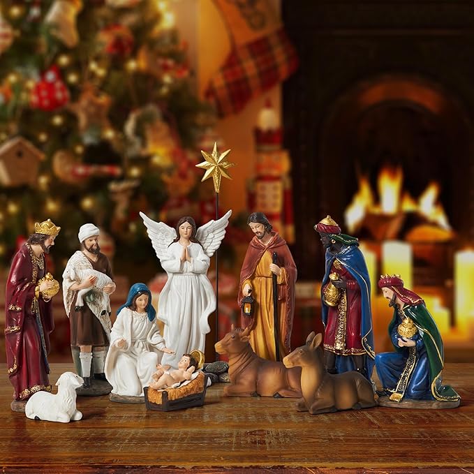 Nativity Sets for Christmas Indoor Set of 13 Pieces 5.9 Inches Tabletop Classic Nativity Scene Resin Figurines Set Religious Decorations Collection Gifts fot All Holidays Home Decor