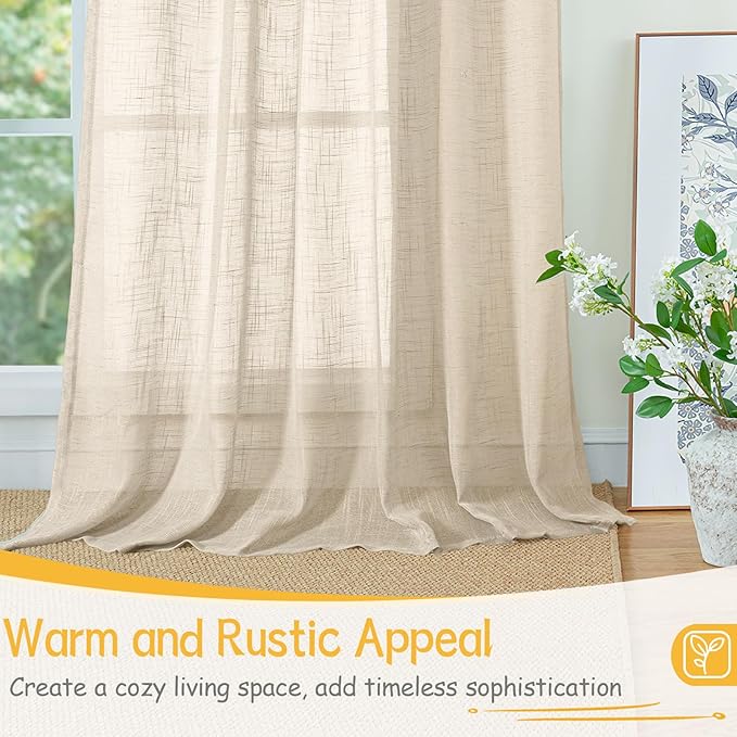 YoungsTex 40 Inches Long Linen Semi Sheer Curtains 40 Inch Length for Kitchen Cafe Window, Oatmeal Short Drapes Textured Light Filtering with Rod Pocket Back Tab for Bathroom, 2 Panels, 34 X 40 Inch