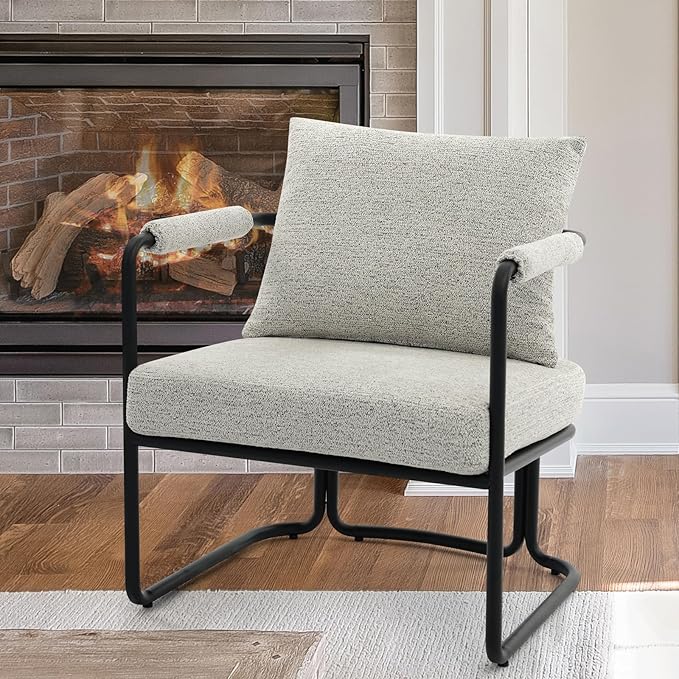 Mid-Century Modern Accent Chairs Set of 2, Comfy Upholstered Lounge Arm Chairs with Chenille Fabric for Living Room, Bedroom, Apartment, Reading Corner, Office, Light Grey