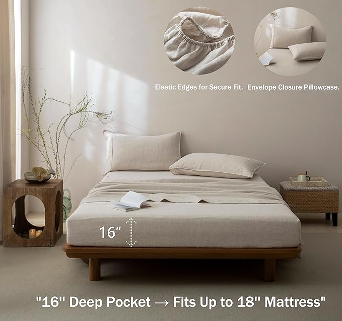 Talasily 100% French Pure Linen Sheets Set King Size,Oeko-TEX Certified Bedding, All-Season Breathable for Hot Sleepers,16 Inch Deep Pocket Machine Washable 4-Piece (Natural Linen)
