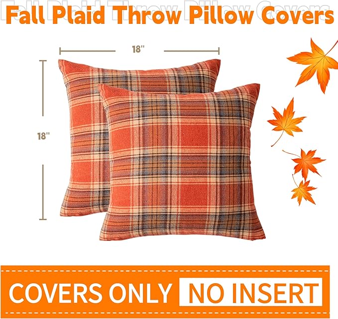 AQOTHES Fall Plaid Orange Throw Pillow Covers 18x18 Inch, Set of 2 Autumn Decorative Throw Pillows for Couch Sofa Bed Living Room Home Decor, Accent Pillow Cases for Farmhouse Couch Cushion Covers